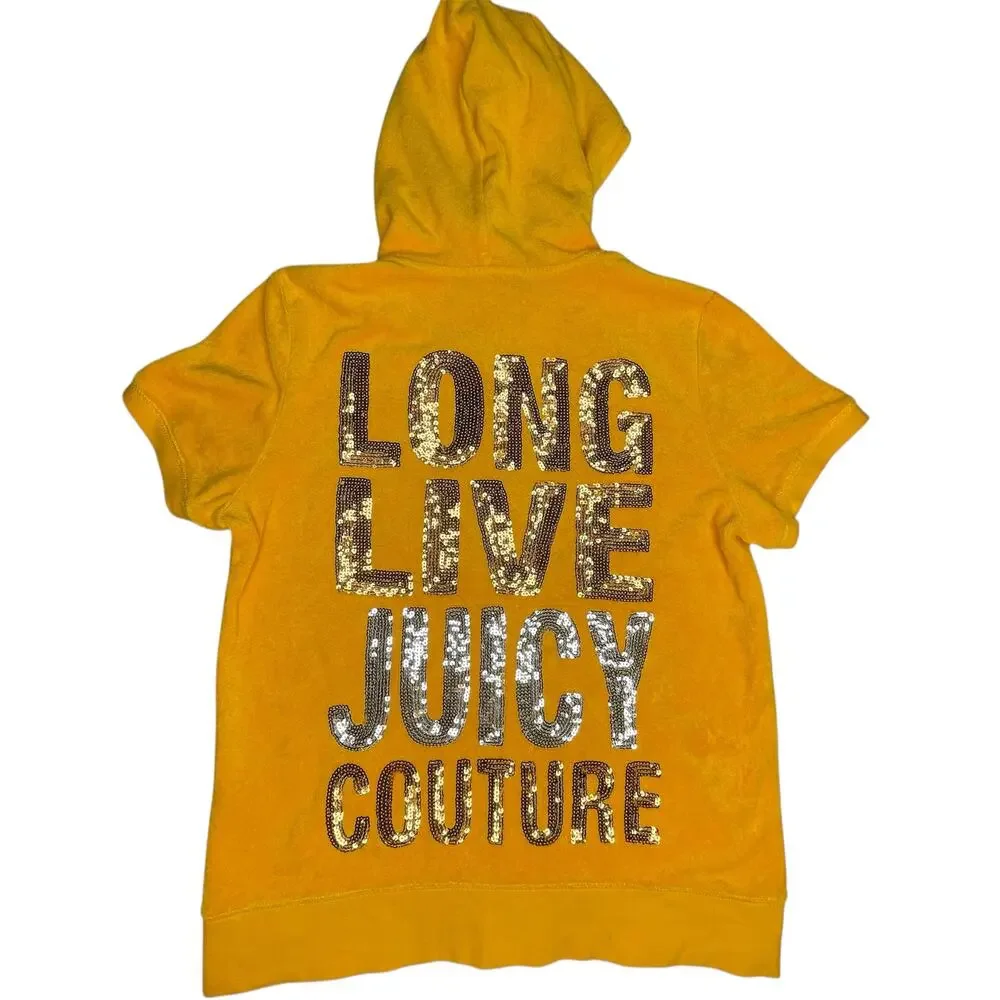 Vintage Y2K Juicy Couture sequin french terry hoodie track pant set L yellow - Picture 12 of 16